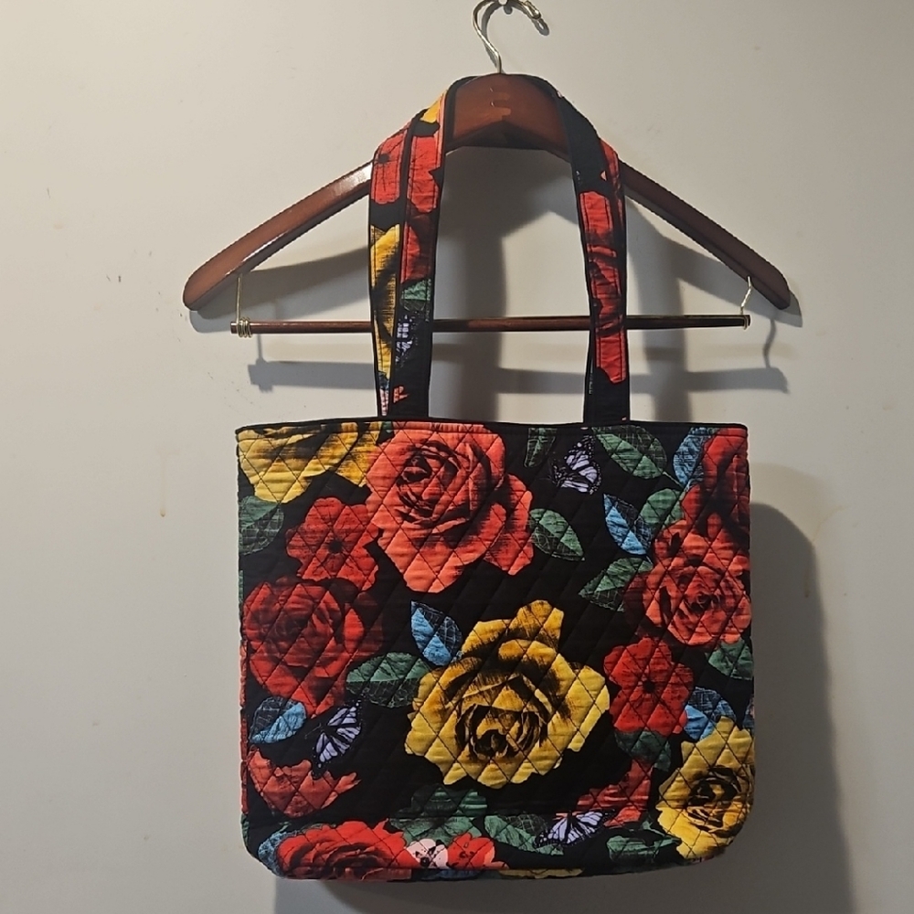 Red and Yellow Floral Tote Bag with Structured Design